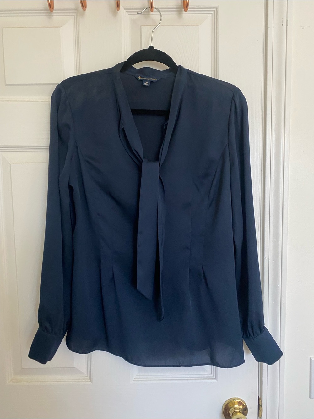 Brooks Brothers Navy Tie-Neck Long Sleeve Blouse
